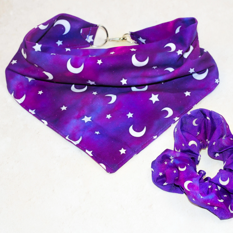 Galaxy Space Pet Bandana for Dogs & Cats Clip-On Moon Star Celestial Pink Purple