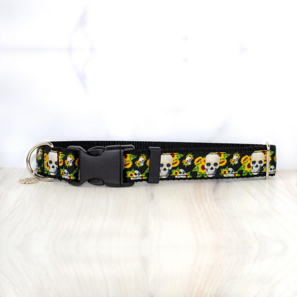 Sunflower Skulls Pet Collar for Dogs & Cats Floral Witch Boho Gothic Spooky Tarot